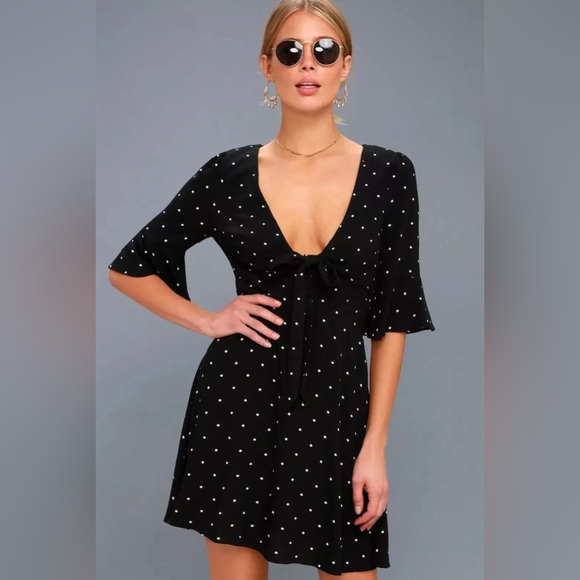 Free People Polka Dot Mini Dress Size 2 Black Tie Neck - Picture 2 of 10